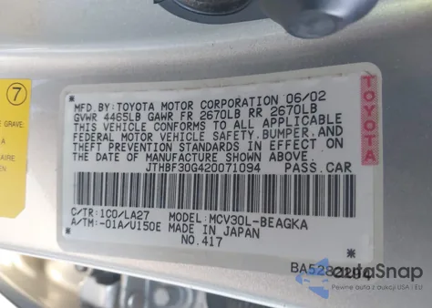 2002 Lexus Es 300 z USA, uszkodzony, nr VIN JTHBF30G420071094